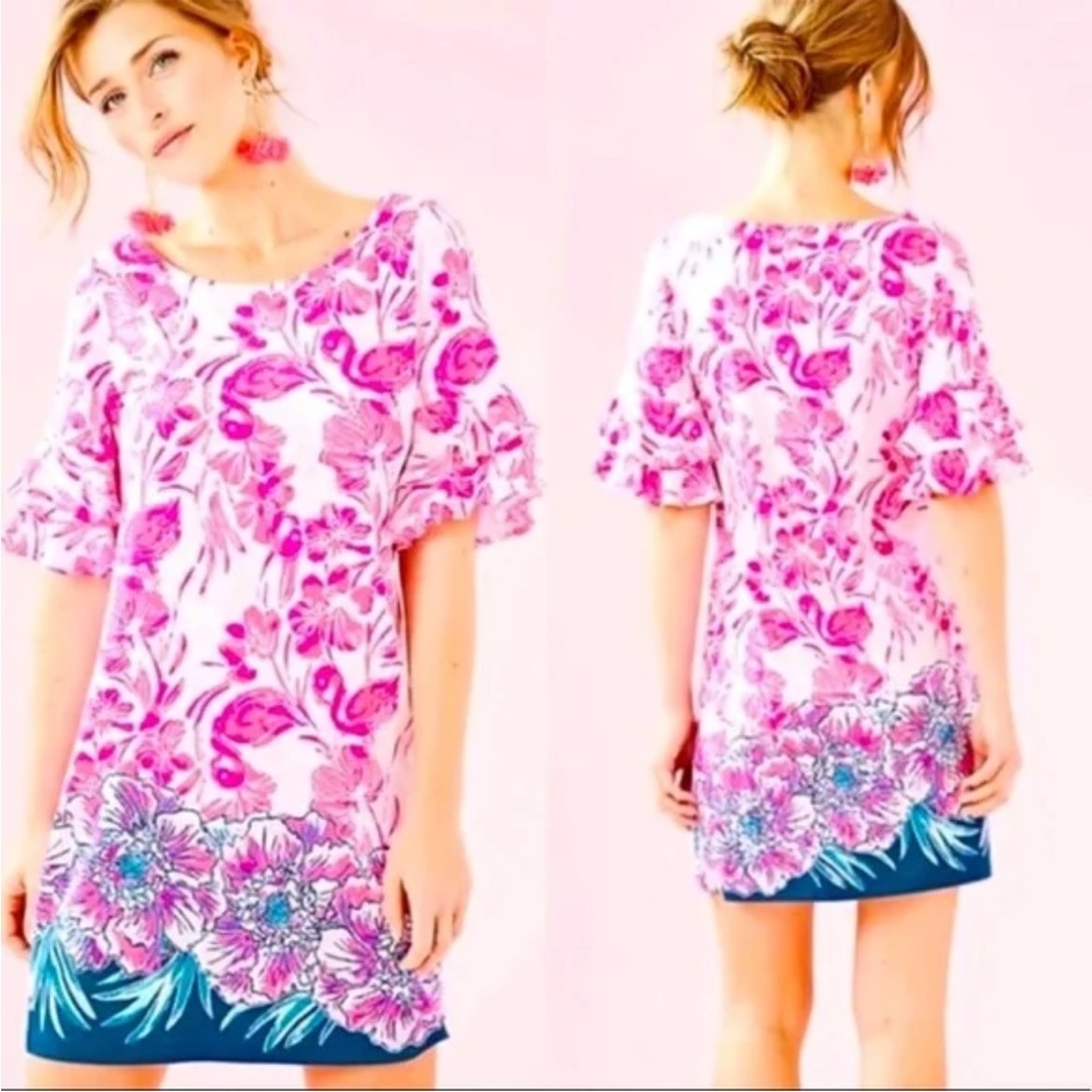Lilly Pulitzer Lula Coral Reef Flamingo Ruffle Flounce Dress